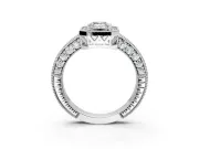 Milgrain Halo Engagement Ring Setting for Emerald Cut Center with Wide Pave Band and Prong Head in Platinum