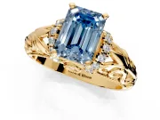 Solitaire Engagement Ring Setting for Fancy Blue Emerald Cut Center with Filigree Accent Basket and Prong Head in Yellow Gold