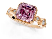 Vintage Station Engagement Ring Setting for Fancy Pink Asscher Cut Center with Accents and Prong Head in Rose Gold