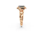 Halo Engagement Ring Setting for Emerald Cut Center with Open Scroll Shoulders and Prong Head in Rose Gold