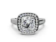 Halo Engagement Ring Setting for Cushion Cut Center with Outer Bezel Rim, Pave Band and Prong Head in Sterling Silver