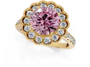 Milgrain Floral Halo Engagement Ring Setting for Fancy Pink Round Cut Center with Pave Band and Prong Head in Yellow Gold