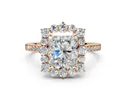 Halo Engagement Ring Setting for Radiant Cut Center with Single-Row Pave, Open Basket and Prong Head in Rose Gold