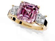 3 Stone Engagement Ring Setting for Fancy Pink Asscher Cut Center with Matching Side Accents and Prong Head in Yellow Gold