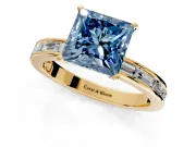 Solitaire Engagement Ring Setting for Fancy Blue Princess Cut Center with Channel Baguette Band and Prong Head in Yellow Gold