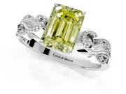 Leaf Engagement Ring Setting for Fancy Yellow Emerald Cut Center with Milgrain Accent Band and Prong Head in Sterling Silver