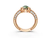 Milgrain Halo Engagement Ring Setting for Fancy Green Pear-Shaped Center with Wide Pave Band and Prong Head in Rose Gold
