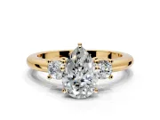 3 Stone Engagement Ring Setting for Pear-Shaped Center with Wide Plain Band and Prong Head in Yellow Gold
