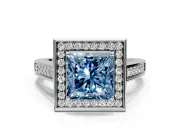 Halo Engagement Ring Setting for Fancy Blue Princess Cut Center with Outer Bezel Rim, Pave Band and Prong Head in Platinum