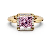 Halo Engagement Ring Setting for Fancy Pink Princess Cut Center with Tapered Plain Band and Prong Head in Yellow Gold