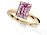 Solitaire Engagement Ring Setting for Fancy Pink Emerald Cut Center with Thin Rounded Plain Band and Prong Head in Yellow Gold