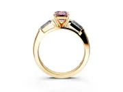 3 Stone Engagement Ring Setting for Fancy Pink Emerald Cut Center with Tapered Baguettes, Plain Band and Prong Head in Yellow Gold