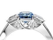 3 Stone Engagement Ring Setting for Fancy Blue Emerald Cut Center with Raised Basket Heads and Prong Head in Platinum