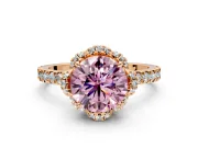 Halo Engagement Ring Setting for Fancy Pink Round Cut Center with Openwork Halo, Pave Band and Prong Head in Rose Gold