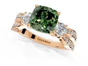 3 Stone Engagement Ring Setting for Fancy Green Cushion Cut Center with Pave Twist Band and Prong Head in Rose Gold