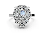 Single Halo Engagement Ring Setting for Pear-Shaped Center with Corner Claws, Plain Band and Prong Head in White Gold