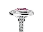 Halo Engagement Ring Setting for Fancy Pink Asscher Cut Center with Milgrain Frame, Pave Band and Prong Head in Platinum