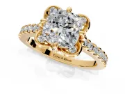Floral Engagement Ring Setting for Cushion Cut Center with Pave Band and Floral Prong Head in Yellow Gold