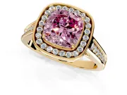 Halo Engagement Ring Setting for Fancy Pink Cushion Cut Center with Outer Bezel Rim, Pave Band and Prong Head in Yellow Gold