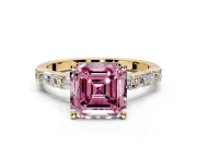 Baguette Engagement Ring Setting for Fancy Pink Asscher Cut Center with Alternating Bar-Set Band and Prong Head in Yellow Gold