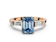 Bar-Set Engagement Ring Setting for Fancy Blue Emerald Cut Center with Tapered Baguette Accents and Prong Head in Rose Gold