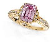 Floral Engagement Ring Setting for Fancy Pink Emerald Cut Center with Four Accent Clusters and Prong Head in Yellow Gold