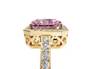 Halo Engagement Ring Setting for Fancy Pink Radiant Cut Center with Heart-Shaped Openwork, Pave Band and Prong Head in Yellow Gold