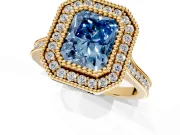 Halo Engagement Ring Setting for Fancy Blue Radiant Cut Center with Milgrain Frame, Pave Band and Prong Head in Yellow Gold