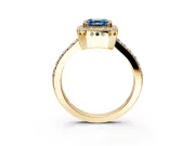 Halo Engagement Ring Setting for Fancy Blue Asscher Cut Center with Inner Milgrain Border and Prong Head in Yellow Gold