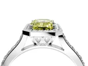 Halo Engagement Ring Setting for Fancy Yellow Emerald Cut Center with Pave Accents, Heart Basket and Prong Head in White Gold