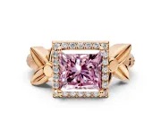 Halo Engagement Ring Setting for Fancy Pink Princess Cut Center with Floral Band and Prong Head in Rose Gold