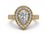 Milgrain Halo Engagement Ring Setting for Pear-Shaped Center with Pave Band and Prong Head in Yellow Gold