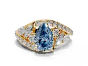 Halo Engagement Ring Setting for Fancy Blue Pear-Shaped Center with Marquise and Pave Bypass Band and Prong Head in Yellow Gold
