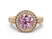 Milgrain Halo Engagement Ring Setting for Fancy Pink Round Cut Center with Pave Band and Prong Head in Rose Gold