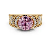 Pave Engagement Ring Setting for Fancy Pink Round Cut Center with Curved Accent Rows, Openwork and Prong Head in Yellow Gold