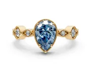 Vintage Station Engagement Ring Setting for Fancy Blue Pear-Shaped Center with Accents and Prong Head in Yellow Gold