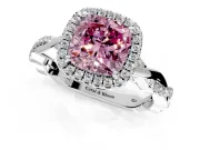 Halo Engagement Ring Setting for Fancy Pink Cushion Cut Center with Pave and Plain Twist Band and Prong Head in White Gold