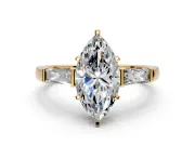 3 Stone Engagement Ring Setting for Marquise Center with Tapered Baguettes, Plain Band and Prong Head in Yellow Gold