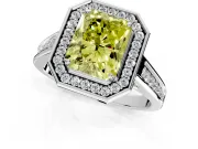Halo Engagement Ring Setting for Fancy Yellow Radiant Cut Center with Outer Bezel Rim, Pave Band and Prong Head in Platinum