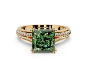 Solitaire Engagement Ring Setting for Fancy Green Princess Cut Center with Pave Rail Split Shank and Prong Head in Yellow Gold