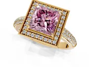 Milgrain Halo Engagement Ring Setting for Fancy Pink Princess Cut Center with Three-Sided Pave Band and Prong Head in Yellow Gold