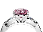 3 Stone Engagement Ring Setting for Fancy Pink Round Cut Center with Tapered Baguettes, Plain Band and Prong Head in Platinum