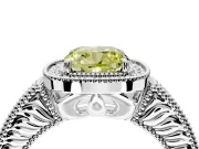 Milgrain Halo Engagement Ring Setting for Fancy Yellow Cushion Cut Center with Pave Band and Prong Head in Platinum