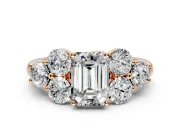 Cluster Engagement Ring Setting for Emerald Cut Center with Round Cut Accent Frame and Prong Head in Rose Gold