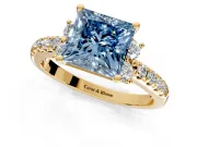 Paired Accent Engagement Ring Setting for Fancy Blue Princess Cut Center with Pave Band and Prong Head in Yellow Gold