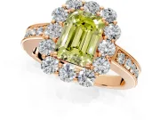 Halo Engagement Ring Setting for Fancy Yellow Emerald Cut Center with Milgrain Channel Band and Prong Head in Rose Gold