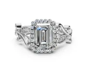 Halo Engagement Ring Setting for Emerald Cut Center with Leaf Motif Split Shank and Prong Head in Platinum