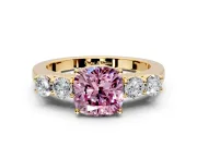 5 Stone Engagement Ring Setting for Fancy Pink Cushion Cut Center with Equal Close-Set Accents and Prong Head in Yellow Gold