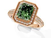 Milgrain Halo Engagement Ring Setting for Fancy Green Radiant Cut Center with Three-Sided Pave Band and Prong Head in Rose Gold