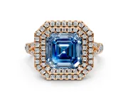 Double Halo Engagement Ring Setting for Fancy Blue Asscher Cut Center with Narrow Pave Split Shank and Prong Head in Rose Gold